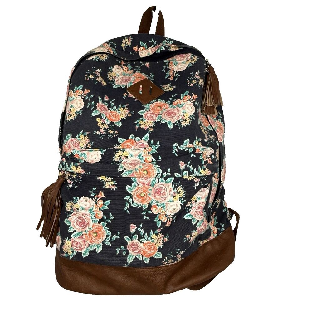 MUDD Backpack Canvas Navy Blue Floral Tassel Pulls Faux Leather EUC